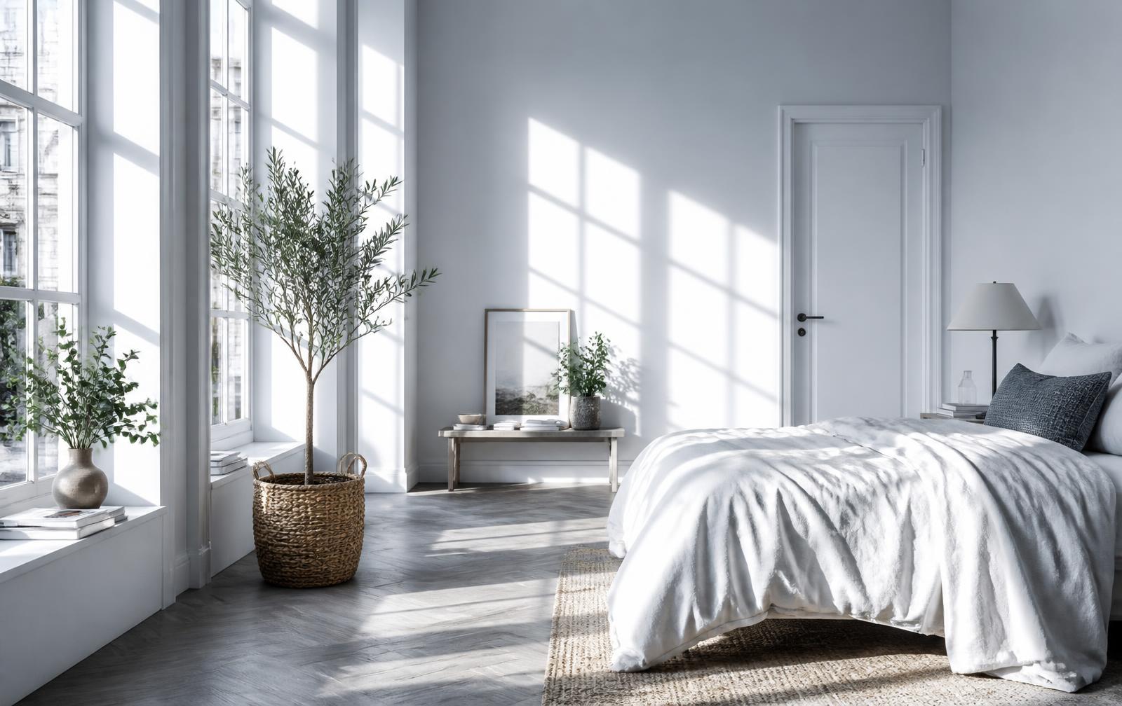 Sunlit room with tall windows, white linens, and green plants